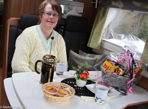 Första kafferasten i nya Bobilen, på ställplatsen i Hyltena, Jönköping