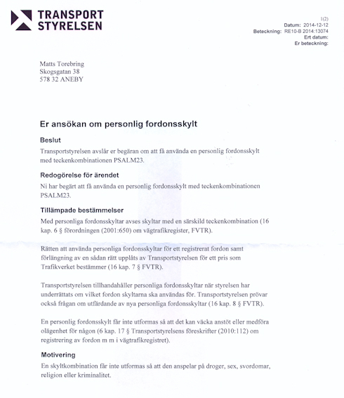 Avslag från Transportstyrelsen