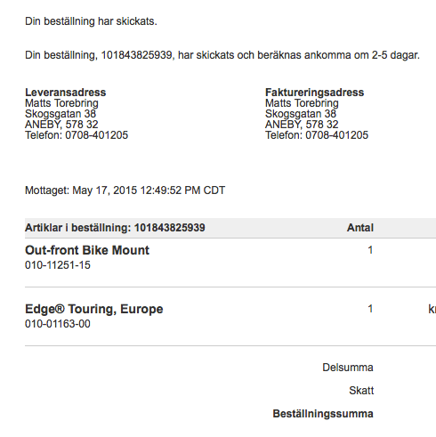 Jag mejlade Garmin kundsupport