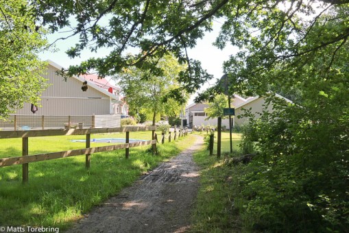 Här går cykelbanan vidare genom ett bostadsområde